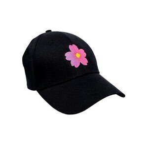 Black baseball cap with hot pink embroidered flower